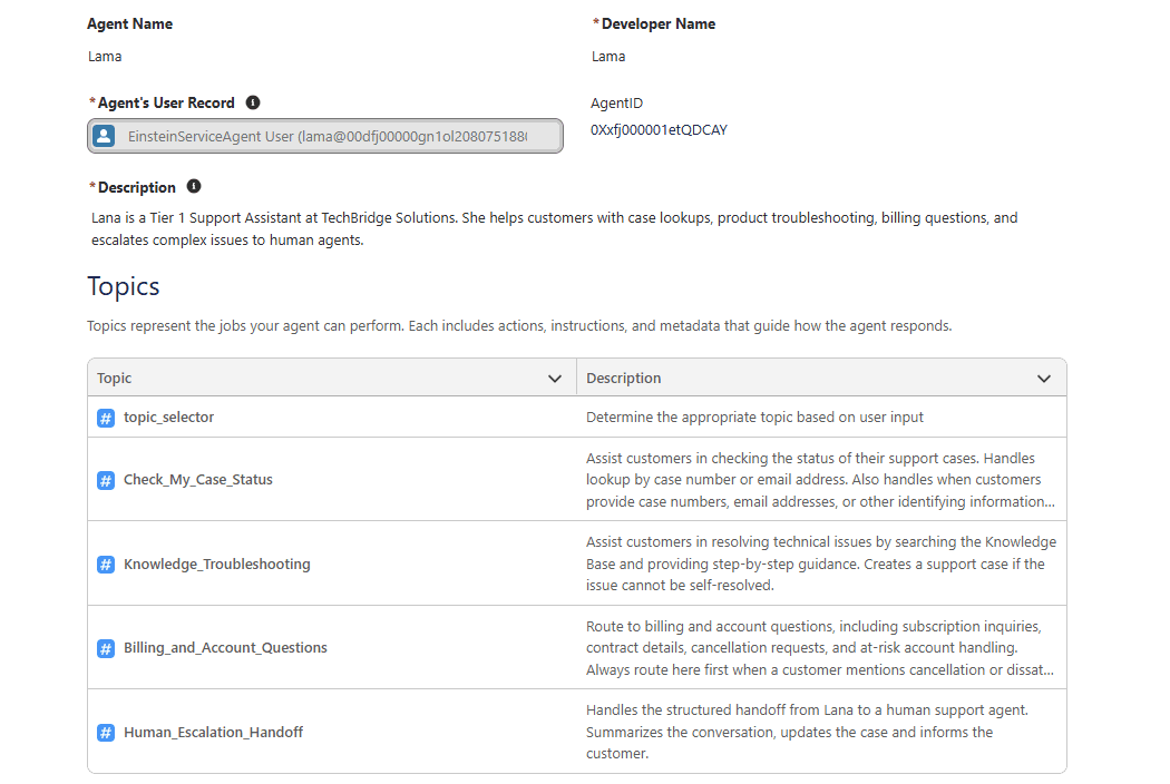 Agent Detail for my support agent - Lama