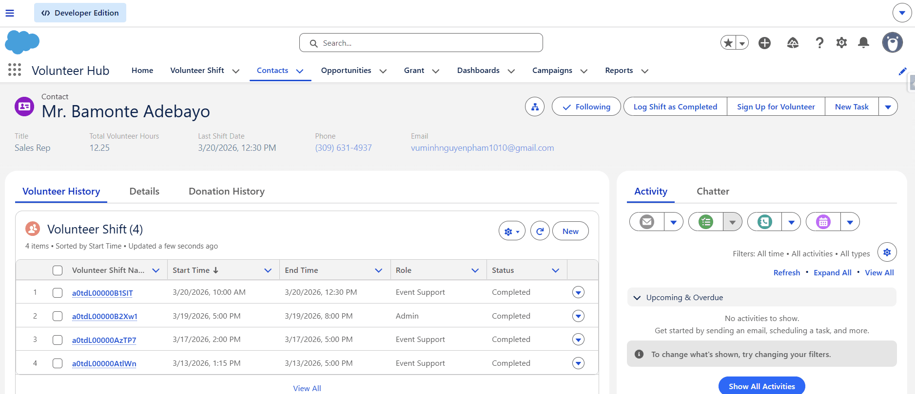 Volunteer tabs and Donation History tabs