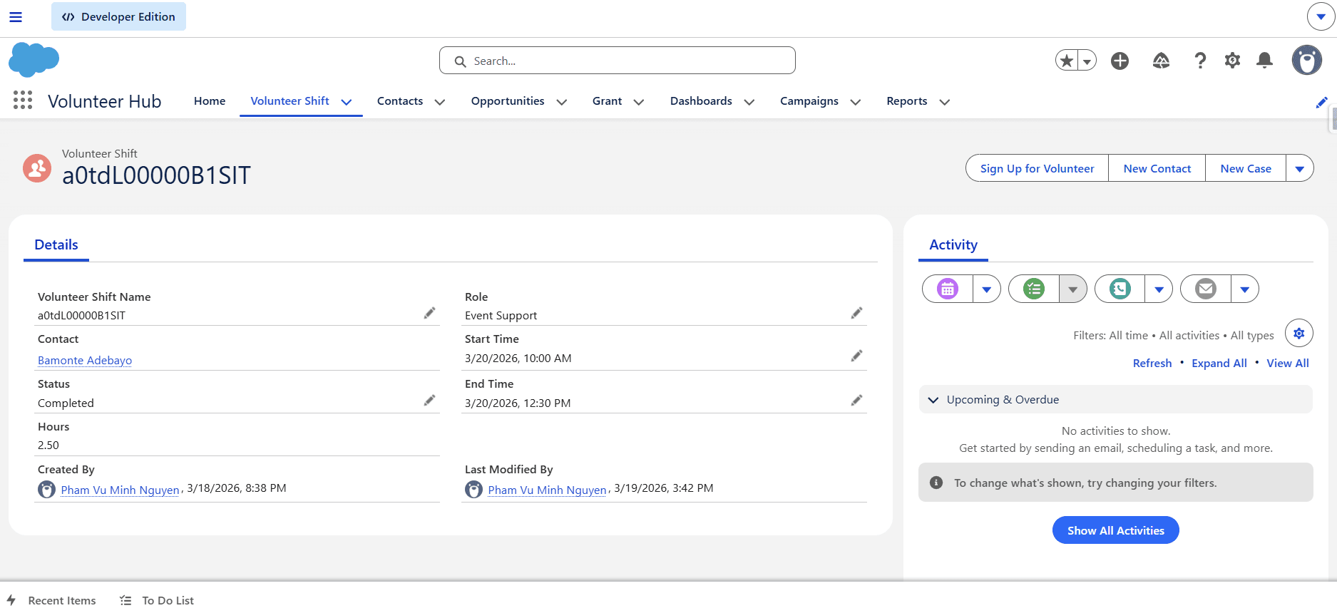 Volunteer Shift Record Page